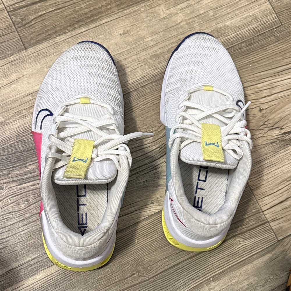 Nike Trainers w/ Pink Panels & Yellow heel - worn 3 times, bit tight for me.